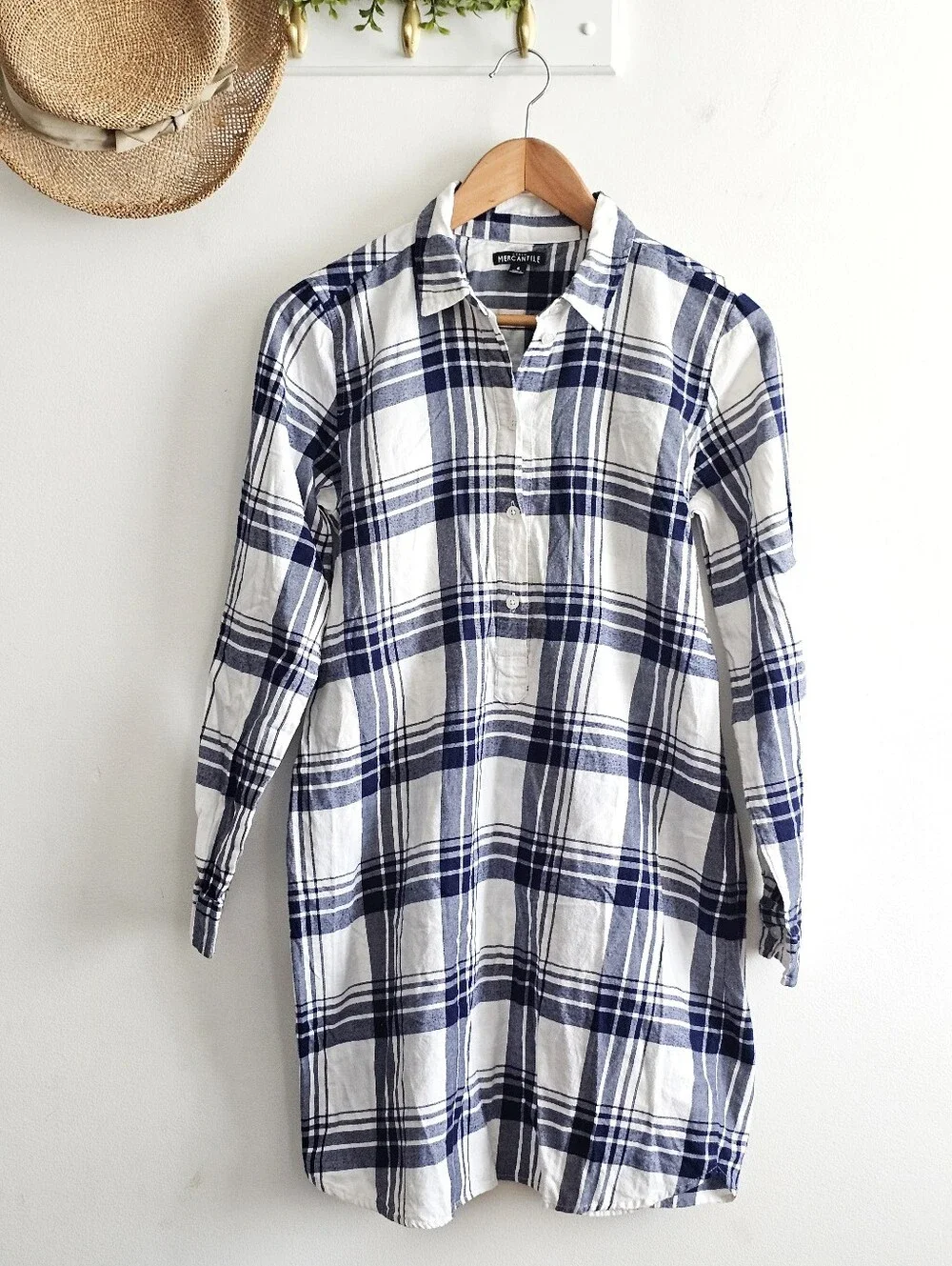 J.Crew Mercantile Cotton Flannel Plaid Tie Back Shirt Dress Navy White S
